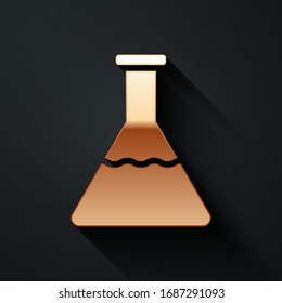 Gold Test tube and flask chemical laboratory test icon isolated on black background. Laboratory glassware sign. Long shadow style. Vector Illustration