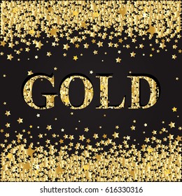 Gold text for card, vip, exclusive, certificate, gift, luxury, privilege, store, present, shopping. Abstract pattern of random falling gold stars on black background. Vector illustration.