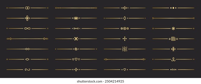 Gold text dividers doodle set. Wedding decorative elements. Divider ornament, borders, vintage line separators. Hand drawn vector illustration isolated on white background