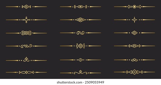 Conjunto de doodles de divisores de texto dourado. Elementos decorativos do casamento. Ornamento divisor, bordas, separadores de linha vintage. Ilustração de vetor desenhada à mão isolada no plano de fundo branco