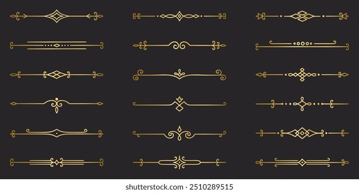 Conjunto de doodles de divisores de texto dourado. Elementos decorativos do casamento. Ornamento divisor, bordas, separadores de linha vintage. Ilustração de vetor desenhada à mão isolada no plano de fundo branco