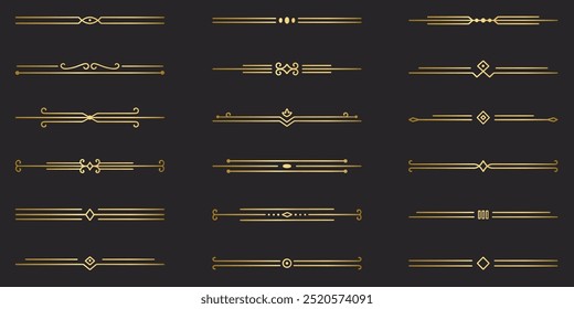 Conjunto de doodle de divisores de texto dorado. Elementos decorativos de Boda. Ornamento divisor, bordes, separadores de línea vintage. Ilustración vectorial dibujada a mano aislada sobre fondo blanco