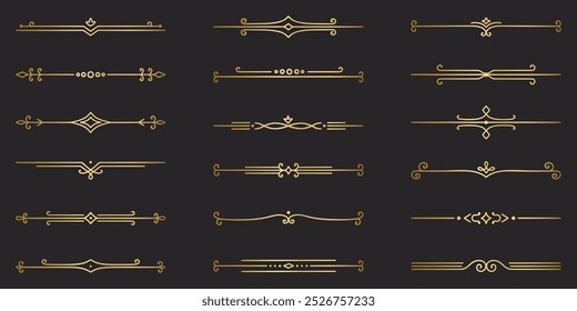 Gold text dividers doodle set. Wedding decorative elements. Divider ornament, borders, vintage line separators. Hand drawn vector illustration isolated on black background