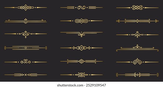 Conjunto de doodle de divisores de texto dorado. Elementos decorativos de Boda. Ornamento divisor, bordes, separadores de línea vintage. Ilustración vectorial dibujada a mano aislada sobre fondo negro