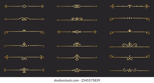 Conjunto de doodle de divisores de texto dorado. Elementos decorativos de Boda. Ornamento divisor, bordes, separadores de línea vintage. Ilustración vectorial dibujada a mano aislada sobre fondo negro