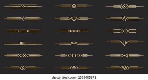 Conjunto de doodle de divisores de texto dorado. Elementos decorativos de Boda. Ornamento divisor, bordes, separadores de línea vintage. Ilustración vectorial dibujada a mano aislada sobre fondo negro