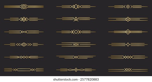 Gold text dividers doodle set. Wedding decorative elements. Divider ornament, borders, vintage line separators. Hand drawn vector illustration isolated on black background