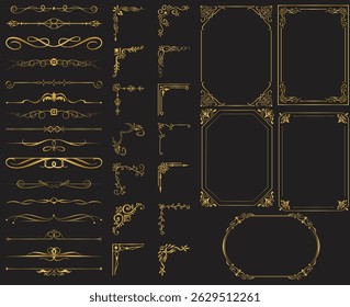 Gold text dividers doodle set. Wedding decorative elements. Divider ornament, borders, vintage line separators. Gold photo frame with corner Thailand line floral for picture. Gold Ornate vintage frame