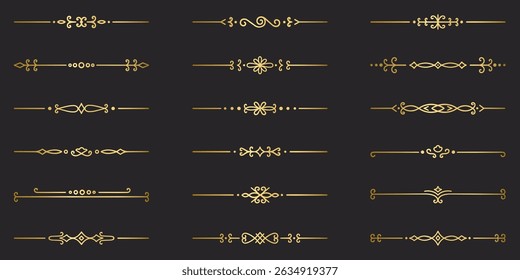 Conjunto de doodles de divisores de texto dourado. Elementos decorativos do casamento. Ornamento divisor, bordas, separadores de linha vintage. Ilustração de vetor desenhada à mão isolada no plano de fundo preto