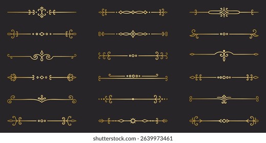 Gold text dividers doodle set. Wedding decorative elements. Divider ornament, borders, vintage line separators. Hand drawn vector illustration isolated on black background