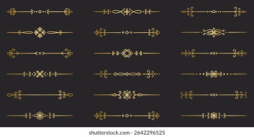Conjunto de doodles de divisores de texto dourado. Elementos decorativos do casamento. Ornamento divisor, bordas, separadores de linha vintage. Ilustração de vetor desenhada à mão isolada no plano de fundo preto