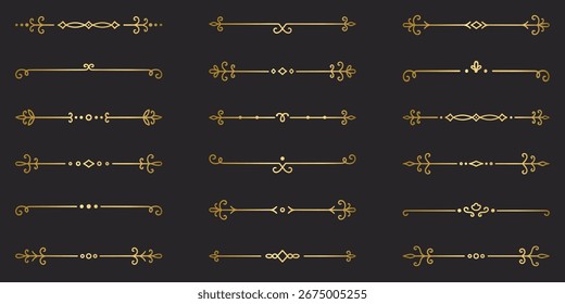 Gold text dividers doodle set. Wedding decorative elements. Divider ornament, borders, vintage line separators. Hand drawn vector illustration isolated on black background