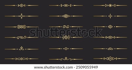 Gold text dividers doodle set. Wedding decorative elements. Divider ornament, borders, vintage line separators. Hand drawn vector illustration isolated on white background