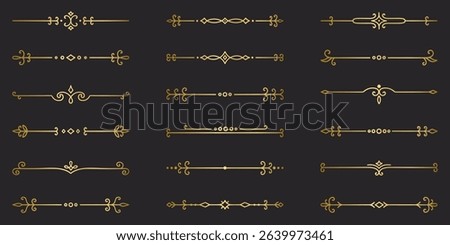 Gold text dividers doodle set. Wedding decorative elements. Divider ornament, borders, vintage line separators. Hand drawn vector illustration isolated on black background