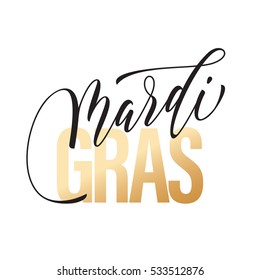 Gold text for Mardi Gras carnival calligraphy lettering. Fat or Shrove Tuesday in New Orleans celebration text. Sydney Mardi Gras or Australian traditional pride parade masquerade or party