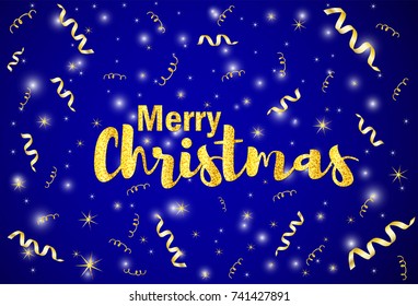 Gold text Merry Christmas and ribbons on the bright background. Vector illustration