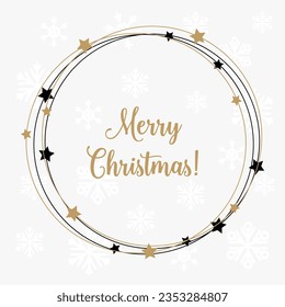 Gold text Merry Christmas in a round frame with stars. Greeting card, vector	
