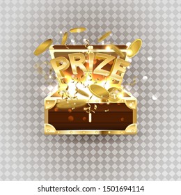 Gold text prize from a chest of coins and confetti.