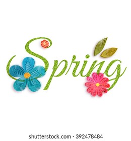 Gold text of spring with quilling flowers. Vector illustration.