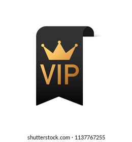 Gold text VIP on Black ribbon on white background. Vector stock illustration.