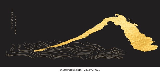 Gold texture brush stroke texture with Japanese ocean wave pattern on black background in vintage style. Abstract art landscape banner design with watercolor texture vector.