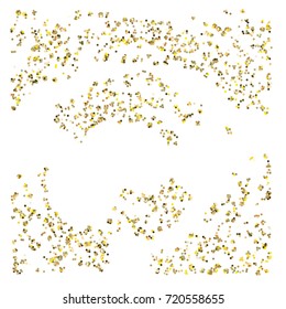 Gold texture festive sparkling confetti. Cosmic vector star dust, Christmas, New Year holidays luxury premium background. Magic decoration, silver, gold texture, firework, falling down stars on white.
