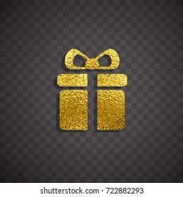 Gold texture gift box isolated on transparent background. Xmas golden surprise on black. Vector gloss present for your Christmas, New Year or winter greating card design