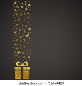 Gold texture gift box under the falling snowflakes. Xmas golden snow and surprise on black background. Vector gloss present for your Christmas, New Year or winter greating card design.