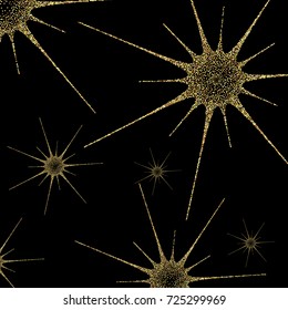 Gold texture glitter on a black background. Holiday background. A golden explosion of confetti. Element of design. Vector illustration, EPS 10.