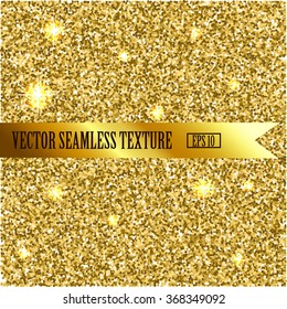 Gold Texture Glitter, Sequins Seamless Pattern. Vector Illustration. Lights and Sparkles. Glowing New Year or Christmas Backdrop. Golden Dust.