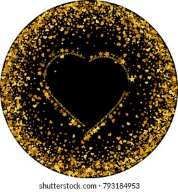 Gold texture of glitter in the shape of heart on a black background. Holiday background. A golden explosion of confetti. Golden grainy abstract texture on a black background.