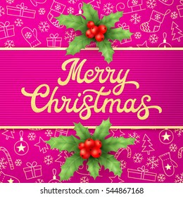Gold texture glitter Xmas lettering on pink Christmas background with sleighs, trees, balls, gifts. Decoration for seasons greeting cards design with holly berry branches. Font vector illustration.