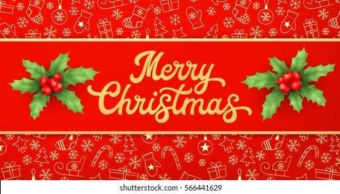 Gold texture glitter Xmas lettering on red Christmas background with sleighs, trees, balls, gifts. Decoration for seasons greeting cards design with holly berry branches. Font vector illustration.