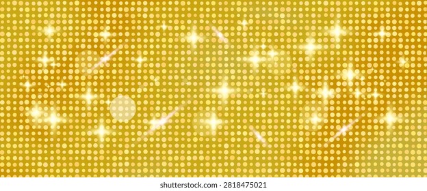 Gold texture made from circular tiles with scattered stars and light streaks. Warm gold radiance gives the dotted texture a polished metallic glow. Sparkling vector backdrop for event banner design
