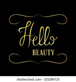 Gold texture modern calligraphy Hello lettering black background vector with gold swirls