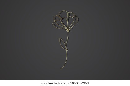 Gold texture one line art style flower. Cherry blossom flowers, leaves, branch, rose.