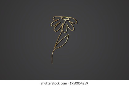Gold texture one line art style flower. Cherry blossom flowers, leaves, branch, rose.