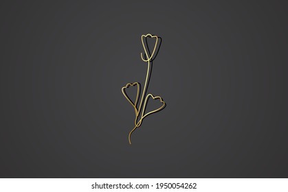 Gold texture one line art style flower. Cherry blossom flowers, leaves, branch, rose.