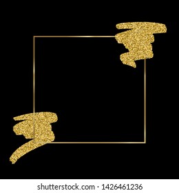 Gold Texture Paint Stain Frame Illustration on black background. Hand drawn brush stroke vector design element. Shining abstract Golden background for your text, sales, banner, cards, labels