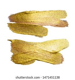 Gold Texture Paint Stain Illustration Set. Hand drawn brush stroke design elements. Abstract gold glittering textured art illustration.