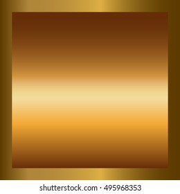Gold texture in square golden frame. Gradient smooth material background. Textured bright metal light, shiny. Metallic blank decoration pattern. Abstract art banner, invitation. Vector Illustration
