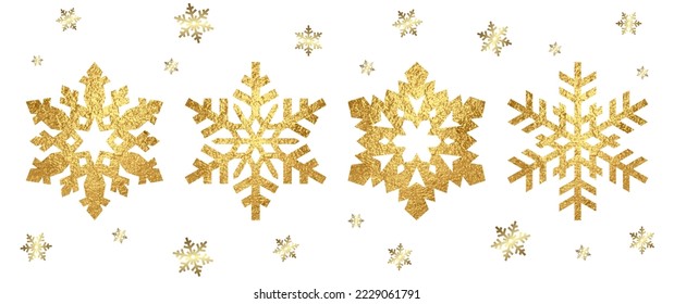 Gold texture vector snowflakes for Christmas background. Golden luxury template for cover design, flyer, poster, banner. Merry Christmas! Happy New Year! Gold and white winter backdrop.