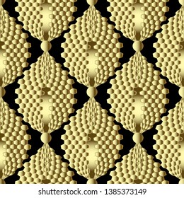 Gold textured 3d cells vector seamless pattern. Modern abstract honeycombs background. Decorative repeat ornamental backdtop. Geometric shapes, circles, lines. Surface texture. Rich 3d golden ornament