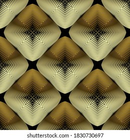 Gold textured 3d floral seamless pattern. Ornamental golden lines background. Surface repeat backdrop. Modern geometric Deco ornament with line art 3d flowers. Luxury design. Endless grunge texture.