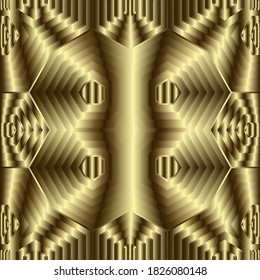 Gold textured 3d geometric seamless pattern. Ornamental ornate golden background. Surface repeat vector backdrop. Modern grunge geometrical Deco ornament with effects. Luxury design. Endless texture.