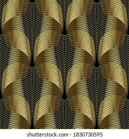 Gold textured 3d geometric seamless pattern. Ornamental golden lines background. Surface repeat backdrop. Modern grunge geometrical Deco ornament with effects. Luxury design. Endless grunge texture.