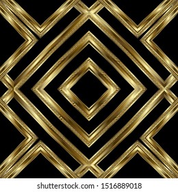 Gold textured 3d geometric vector seamless pattern. Striped ornamental luxury grid background. Repeat geometrical backdrop. Modern surface abstract ornament with stripes, frames, rhombus, shapes.