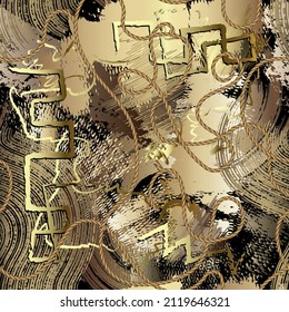 Gold textured 3d graffiti style seamless pattern. Rough golden background. Repeat Deco backdrop. Hand drawn doodle greek symbols, brush strokes, ropes, hatches. Abstract 3d ornaments. Grunge texture.