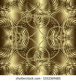 Gold textured 3d ornamental vector seamless pattern. Luxury surface background. Geometric ornate striped ornament with golden circles, spiral, swirls, lines, stripes. Modern golden endless texture.