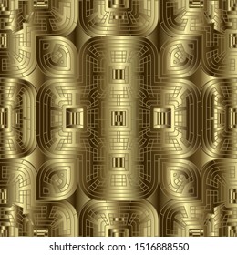 Gold textured 3d vector seamless pattern. Ornamental abstract geometric golden background. Surface repeat luxury backdrop. Geometry shapes, lines, stripes. Modern design. Ornate endless gold texture.